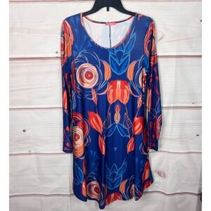 Simply Aster Dress Women M Blue Floral Artsy Print Swing Long Sleeve Pocket Knit